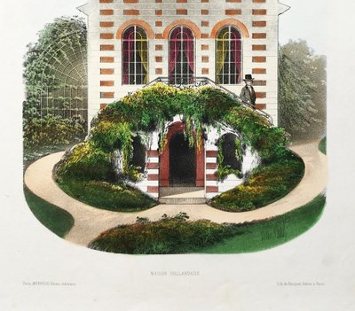 Architecture Lithographie aquarellée par Victor Petit Maison hollandaise XIX