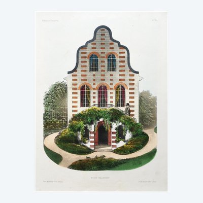 Architecture Lithographie aquarellée par Victor Petit Maison hollandaise XIX