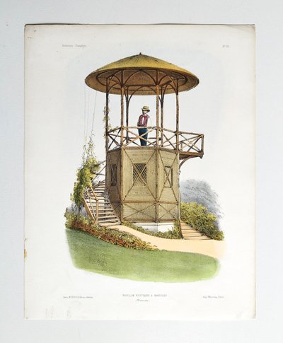 Architecture Pavillon rustique à Marcilly Lithographie aquarellée par Victor Petit 19ème