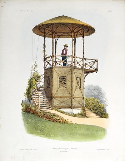 Architecture Pavillon rustique à Marcilly Lithographie aquarellée par Victor Petit 19ème