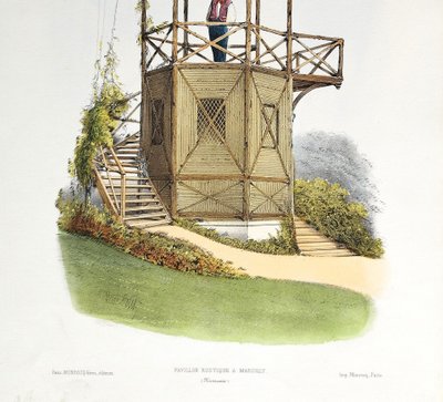 Architecture Pavillon rustique à Marcilly Lithographie aquarellée par Victor Petit 19ème