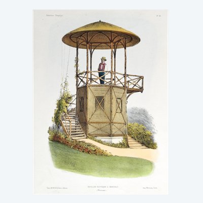 Architecture Pavillon rustique à Marcilly Lithographie aquarellée par Victor Petit 19ème