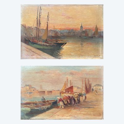Pair of paintings, the port of Les Sables d’Olonne 1917