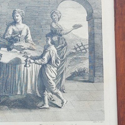 Interior scene, framed engraving, 19th century
