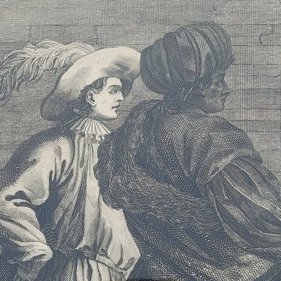 Interior scene, framed engraving, 19th century
