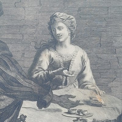 Interior scene, framed engraving, 19th century