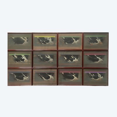 12 animal pastels of cows by Jean-Pierre SAINT (born in 1938)
