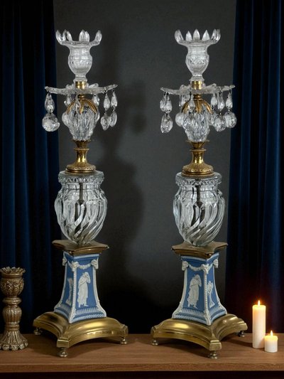 PAIR OF 19TH CENTURY TWO-TONE WEDGWOOD PORCELAIN AND CRYSTAL CANDLESTICKS