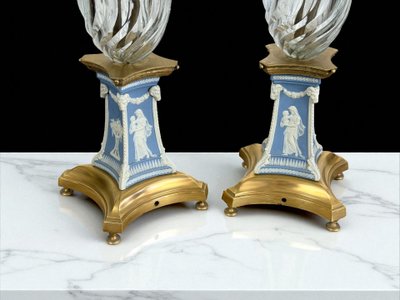 PAIR OF 19TH CENTURY TWO-TONE WEDGWOOD PORCELAIN AND CRYSTAL CANDLESTICKS