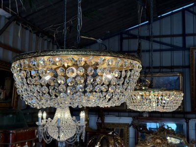 Pair of large Louis XVI style ceiling lights, crystal and brass pendants