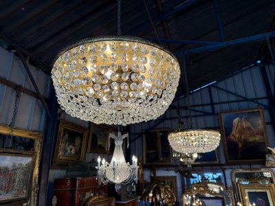 Pair of large Louis XVI style ceiling lights, crystal and brass pendants