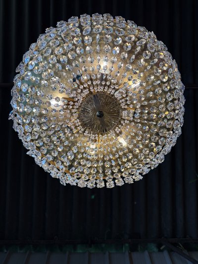 Pair of large Louis XVI style ceiling lights, crystal and brass pendants