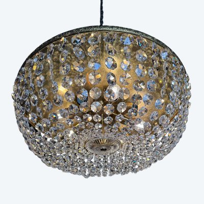 Pair of large Louis XVI style ceiling lights, crystal and brass pendants