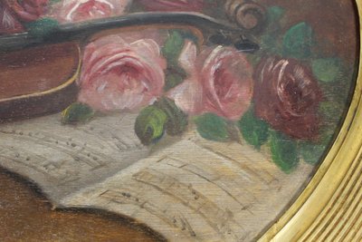 Große Gouache auf Holz mit floralem Dekor aus der Zeit des Art Déco mit originalem vergoldetem Holzrahmen