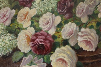 Große Gouache auf Holz mit floralem Dekor aus der Zeit des Art Déco mit originalem vergoldetem Holzrahmen