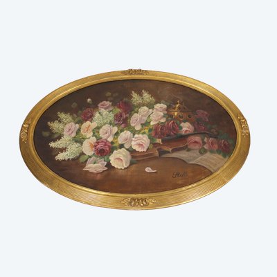 Große Gouache auf Holz mit floralem Dekor aus der Zeit des Art Déco mit originalem vergoldetem Holzrahmen