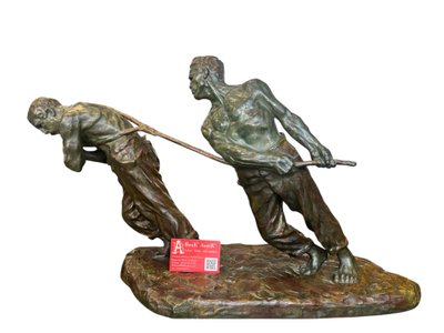 Importante scultura - bronzo - i trasportatori - V. Demanet - Belgio - XX secolo