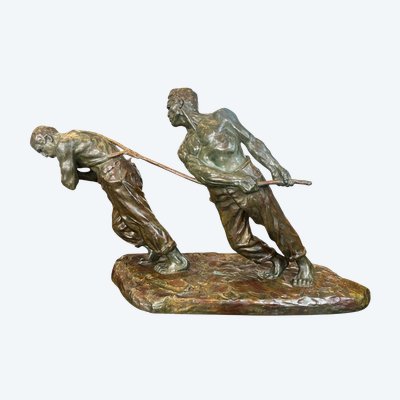 Importante scultura - bronzo - i trasportatori - V. Demanet - Belgio - XX secolo