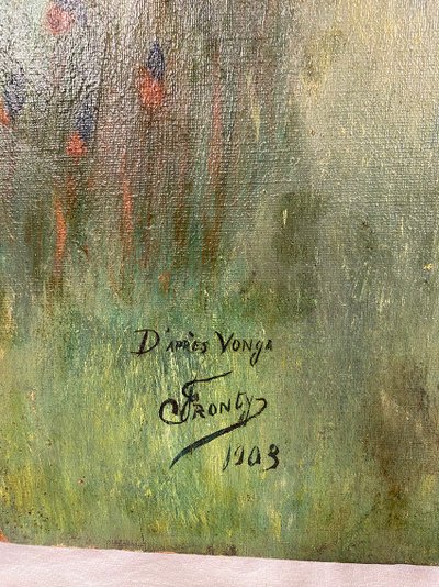 Oil on canvas, “peacock and hollyhocks” signed and dated 1903