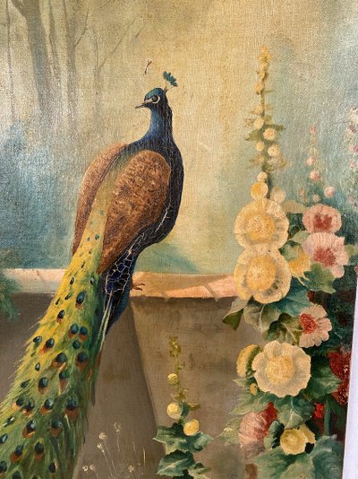 Oil on canvas, “peacock and hollyhocks” signed and dated 1903