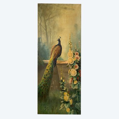 Oil on canvas, “peacock and hollyhocks” signed and dated 1903