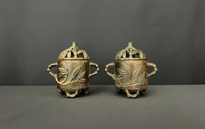 Pair of Chinese bronze incense burners – bamboo decoration, with openwork lids
