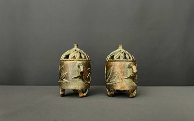 Pair of Chinese bronze incense burners – bamboo decoration, with openwork lids