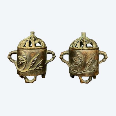 Pair of Chinese bronze incense burners – bamboo decoration, with openwork lids