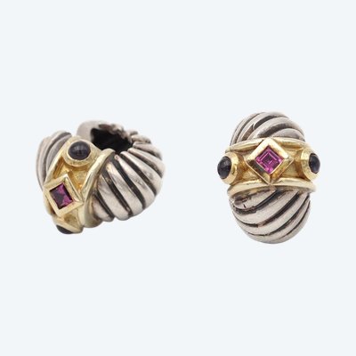 Créoles style néo-étrusque en or 14 karats et argent, style David Yurman, Americain, bijou moderne