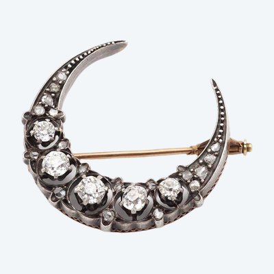 Spilla a forma di mezzaluna in oro e argento 18 carati, spilla celeste, gioielli antichi, spilla a forma di mezzaluna