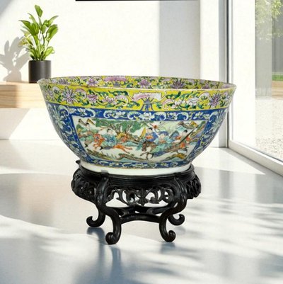 LARGE POLYCHROME ENAMEL BOWL CHINA /CANTON 19th A DECORATION OF BATTLE SCENES