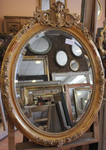 Oval Restoration Mirror, Gold Leaf, Patina, Beveled Mercury Glass 80 X 103 Cm