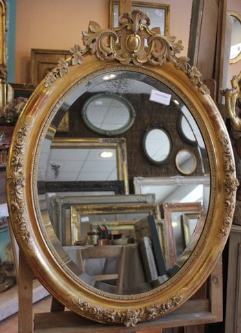 Oval Restoration Mirror, Gold Leaf, Patina, Beveled Mercury Glass 80 X 103 Cm