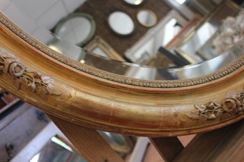 Oval Restoration Mirror, Gold Leaf, Patina, Beveled Mercury Glass 80 X 103 Cm