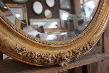 Oval Restoration Mirror, Gold Leaf, Patina, Beveled Mercury Glass 80 X 103 Cm