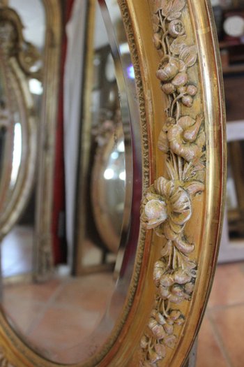 Oval Restoration Mirror, Gold Leaf, Patina, Beveled Mercury Glass 80 X 103 Cm