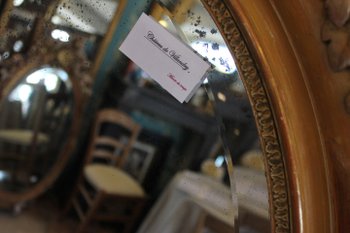Oval Restoration Mirror, Gold Leaf, Patina, Beveled Mercury Glass 80 X 103 Cm