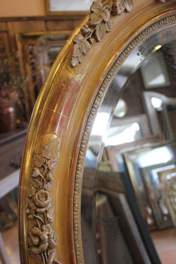 Oval Restoration Mirror, Gold Leaf, Patina, Beveled Mercury Glass 80 X 103 Cm