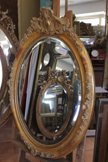 Oval Restoration Mirror, Gold Leaf, Patina, Beveled Mercury Glass 80 X 103 Cm