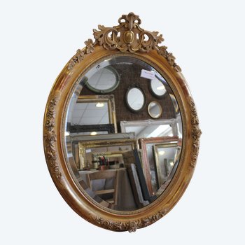 Oval Restoration Mirror, Gold Leaf, Patina, Beveled Mercury Glass 80 X 103 Cm