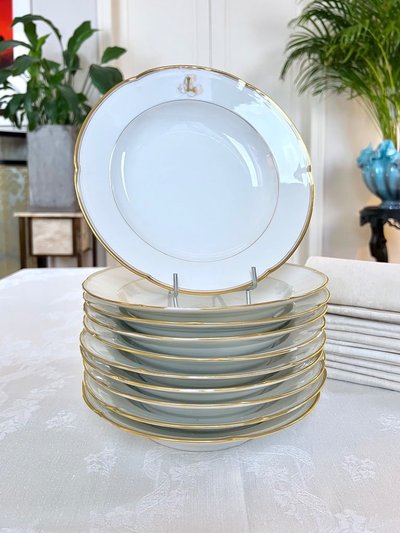 Set of 10 Limoges Porcelain Soup Plates - Jean Pouyat - Monograms - Vieux Paris