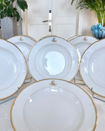 Set of 10 Limoges Porcelain Soup Plates - Jean Pouyat - Monograms - Vieux Paris