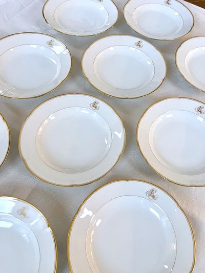 Set of 10 Limoges Porcelain Soup Plates - Jean Pouyat - Monograms - Vieux Paris
