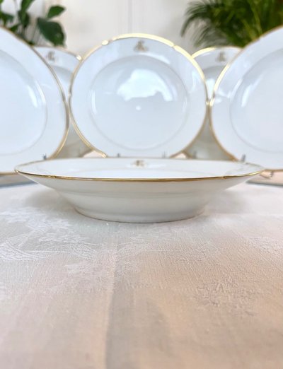Set of 10 Limoges Porcelain Soup Plates - Jean Pouyat - Monograms - Vieux Paris