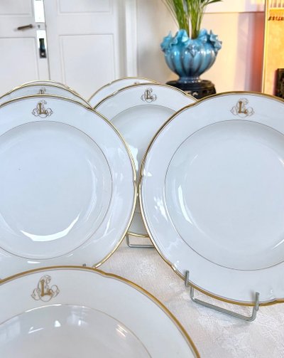 Set of 10 Limoges Porcelain Soup Plates - Jean Pouyat - Monograms - Vieux Paris