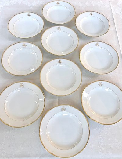 Set of 10 Limoges Porcelain Soup Plates - Jean Pouyat - Monograms - Vieux Paris