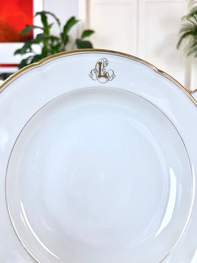Set of 10 Limoges Porcelain Soup Plates - Jean Pouyat - Monograms - Vieux Paris