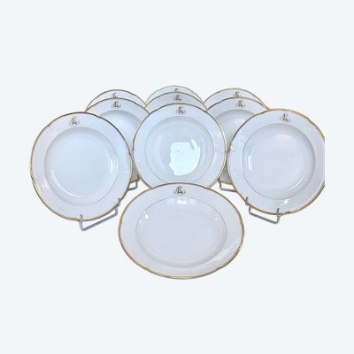 Set of 10 Limoges Porcelain Soup Plates - Jean Pouyat - Monograms - Vieux Paris