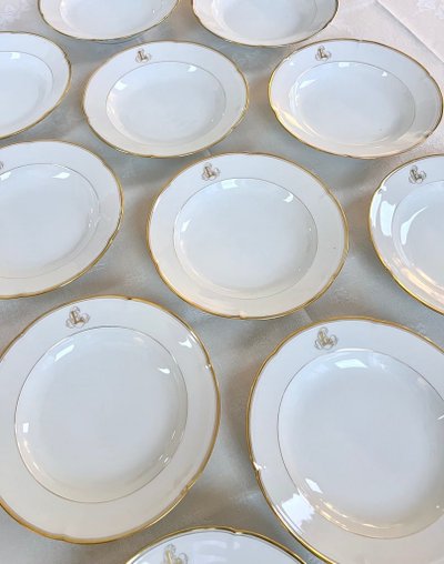 12 piatti da minestra Monogrammes - Porcellana di Limoges - Jean Pouyat - Vieux Paris