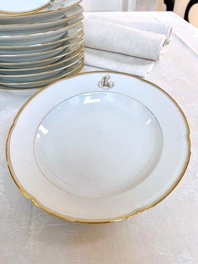 12 piatti da minestra Monogrammes - Porcellana di Limoges - Jean Pouyat - Vieux Paris